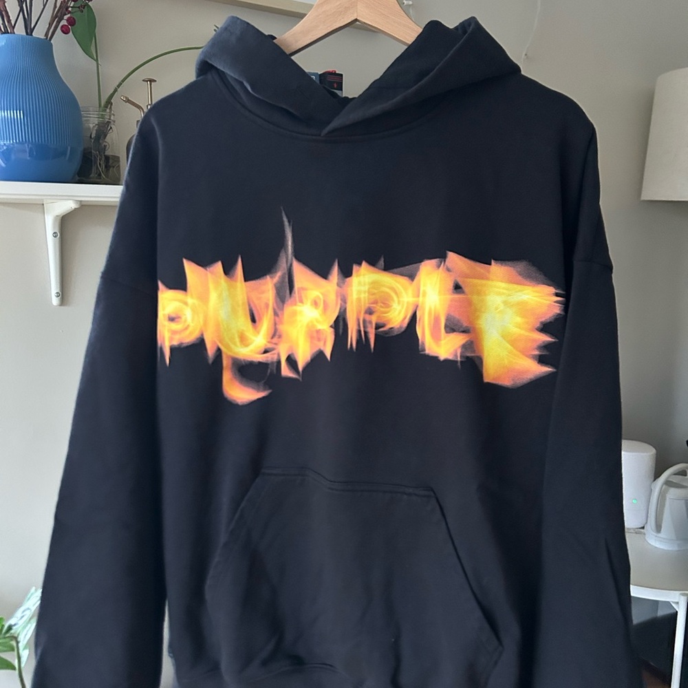 Purple Brand Black Hoodie with a Flame Spelling Graphic - Picture 2 of 7